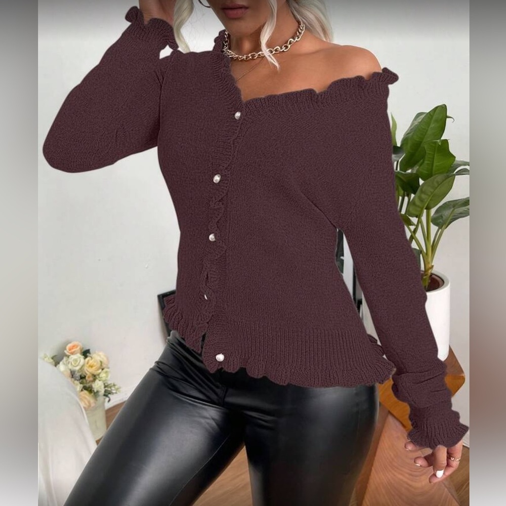 Brown Ruffled Button-Up Sweater - Picture 5 of 5